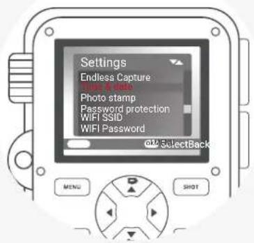 Settings Endless Capture Tires & notes Photo stamp Password protection WiFi SSID WiFi Password OK SelectBack MENU SHOT