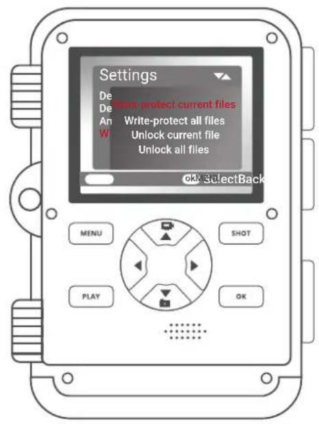 Settings De De Write-protect current files An W Write-protect all files Unlock current file Unlock all files OK SelectBack MENU SHOT PLAY OK