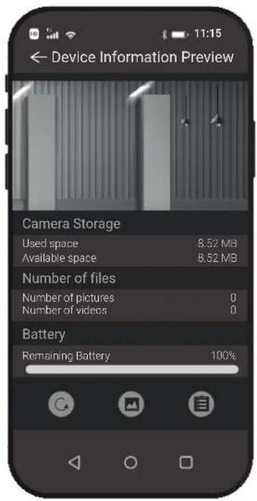 Device Information Preview Camera Storage Used space 8.52 MB Available space 8.52 MB Number of files Number of pictures 0 Number of videos 0 Battery Remaining Battery 100%