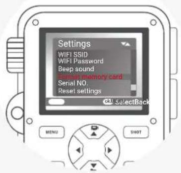 Settings WIFI SSID WIFI Password Beep sound Shared memory card. Serial NO. Reset settings 33 SelectBack MENU SHOT