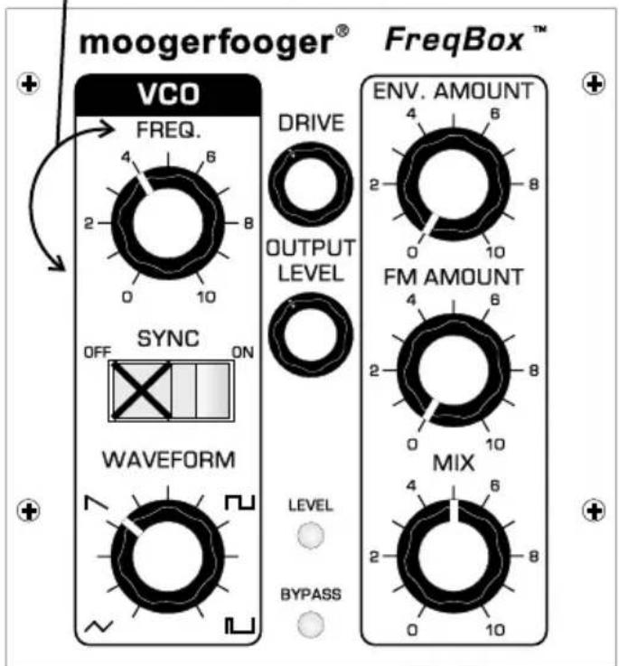 moogerfooger® FreqBox™ VCO FREQ. DRIVE OUTPUT LEVEL SYNC OFF ON WAVEFORM LEVEL BYPASS ENV. AMOUNT FM AMOUNT MIX