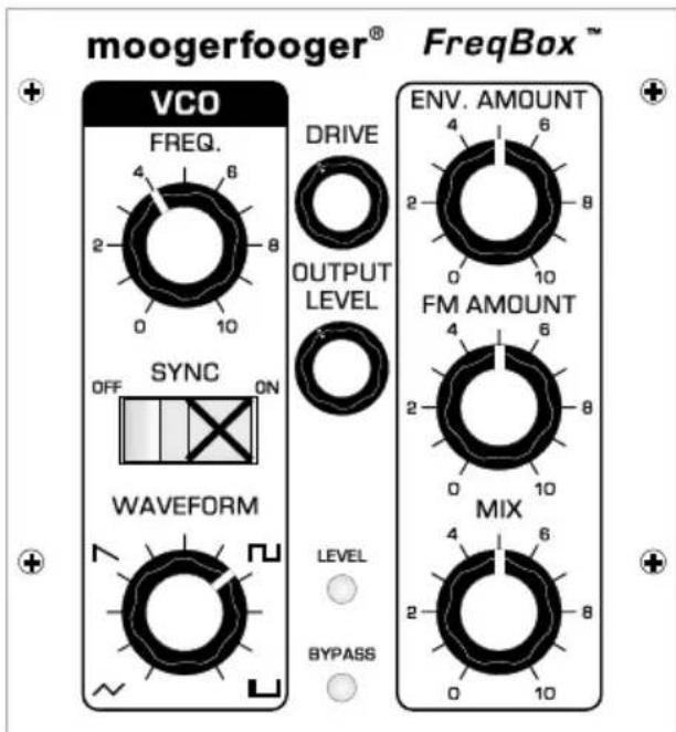 moogerfooger® FreqBox™ VCO FREQ. DRIVE OUTPUT LEVEL SYNC OFF ON WAVEFORM LEVEL BYPASS ENV. AMOUNT FM AMOUNT MIX +
