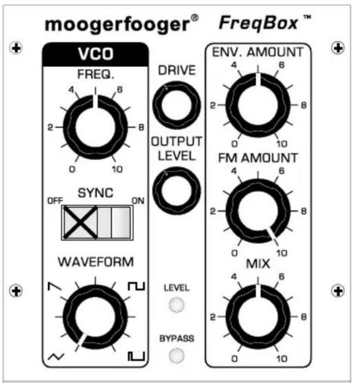 moogerfooger® FreqBox™ VCO FREQ. DRIVE OUTPUT LEVEL SYNC OFF ON WAVEFORM LEVEL BYPASS ENV. AMOUNT 4 6 2 8 0 10 FM AMOUNT 4 6 2 8 0 10 MIX 4 6 2 8 0 10