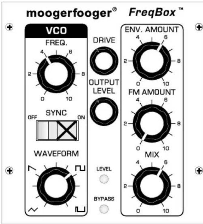 moogerfooger® FreqBox™ VCO FREQ. DRIVE OUTPUT LEVEL SYNC OFF ON WAVEFORM LEVEL BYPASS ENV. AMOUNT FM AMOUNT MIX