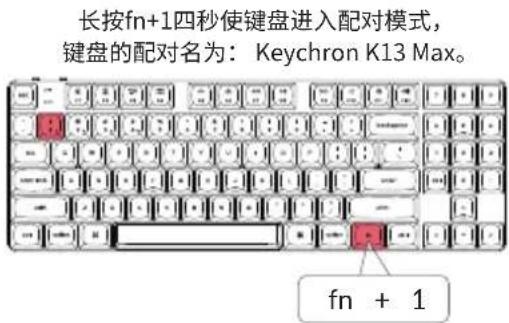 长按fn+1四秒使键盘进入配对模式, 键盘的配对名为:Keychron K13 Max。 fn + 1