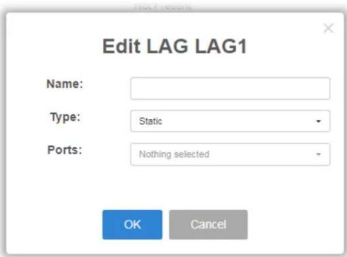 Edit LAG LAG1 Name: Type: Static Ports: Nothing selected OK Cancel