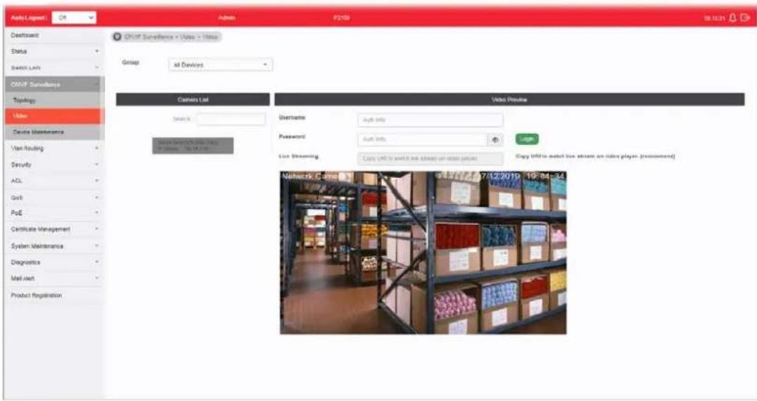 Audio Lognet Default Status Switch LAFS OMMF Surveillance - Video > Video Group: all Devices Camera List Username: Auto Info Password: Auto Info Live Streaming: Copy UHF to install live stream on video player (recommend) Video Preview Network Camera 17/12/2019 19:84-34