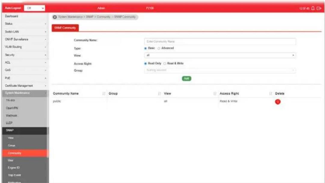 Auto/Logpost DB Admin P2109 12:07:45 Dashboard Status Switch LAN ONVF Surveillance VLAN Routing Security ACL QoS PoE Certificate Management System Maintenance TR-8CS Open/PN Webhook LLDP SNMP View Group Community User Engine ID Trap Event Maintenance System Maintenance > SNMP > Community > SNMP Community SNMP Community Community Name: Enter Community Name Type: Basic Advanced View: all Access Right: Read Only Road & Write Group: Naming Included Add Community Name Group View Access Right Delete public:a#Read & Write