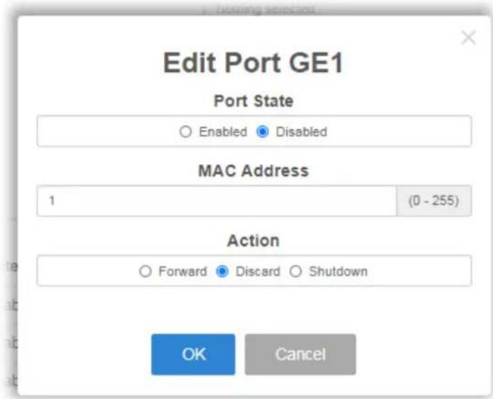 Edit Port GE1 Port State Enabled Disabled MAC Address 1 (0 - 255) Action Forward Discard Shutdown OK Cancel
