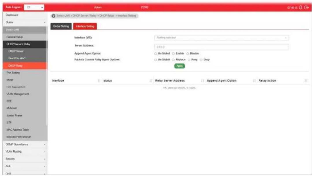 Auto Logout Admin P008 07-0615 Dashboard Status Switch LAN General Setup DHCP Server / Relay DHCP Server Bed S+to MAC DHCP Relay Port Setting Minor Link Aggregate VLAN Management EEI Multicast Junction Frame STF MAC Address Table Blocked Port Receiver ONMF Surveillance VLAN Routing Security ACL OnS Switch LAN > DHCP Server / Relay > DHCP Relay > Interface Setting Global Setting Interface Setting Interface (VIC): Killing selected Server Address: 0889 Appeal Agent Option: ○ As/Global ○ Enable ○ Disable Packers Common Relay Agent Options: ○ As/Global ○ Replace ○ Keep ○ Drop Apply Interface status Relay Server Address Append Agent Option Relay Action The static availability is valid.