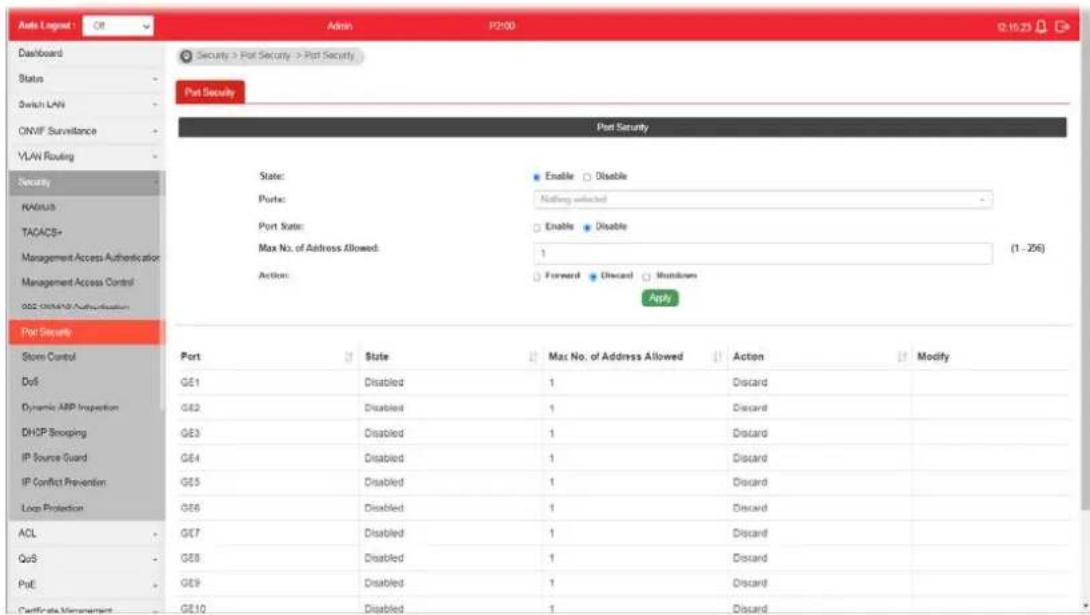 Aute Logrest: Off Admin P2000 12:15:23 Dashboard Status Switch LAN ONIF Surveillance VLAN Routing Security RADIUS TACACS+ Management Access Authentication Management Access Control 002 ONIF Routing Port Security Store Control DoS Dynamic ARP Inspection DHCP Smoping IP Source Guard IP Conflict Prevention Loop Protection ACL QoS Port Certificate Management Security > Port Security > Port Security Port Security Port Security State: Enable Disable Ports: Nothing selected Port State: Enable Disable Max No. of Address Allowed: 1 (1 - 296) Action: Forward Discard Mountains Apply Port State Max No. of Address Allowed Action Modify GE1 Disabled 1 Discard GE2 Disabled 1 Discard GE3 Disabled 1 Discard GE4 Disabled 1 Discard GE5 Disabled 1 Discard GE6 Disabled 1 Discard GE7 Disabled 1 Discard GE8 Disabled 1 Discard GE9 Disabled 1 Discard GE10 Disabled 1 Discard