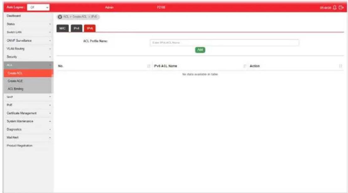 Auto Logos: Of Admin P2106 07.44.08 Dashboard Status Switch LAN ONVIF Surveillance VLAN Routing Security ACL Create ACL Create ACE ACL Binding GND PvE Certificate Management System Maintenance Diagnostics Mail Alert Product Registration ACL > Create ACL > IPv6 M/C IPv4 IPv6 ACL Profile Name: Exane IPv6.ACL Name Add No. IPv6 ACL Name Action No data available in table