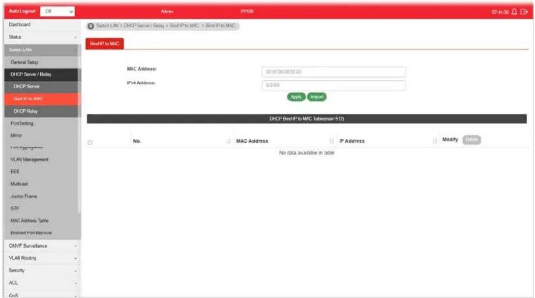 Auto Logout Off Admin P1100 07:41:36 Dashboard Switch LAN > DHCP Server / Relay > Bind IP to MAC > Bind IP to MAC Send IP to MAC MAC Address: 00:00:00 00:00:00 IP+4 Address: 0.0.00 Apply Import DHCP Bind IP to MAC Tablemax-512) No. MAC Address P Address Modify Take ONVF Surveillance VLAII Routing Security ACL On8