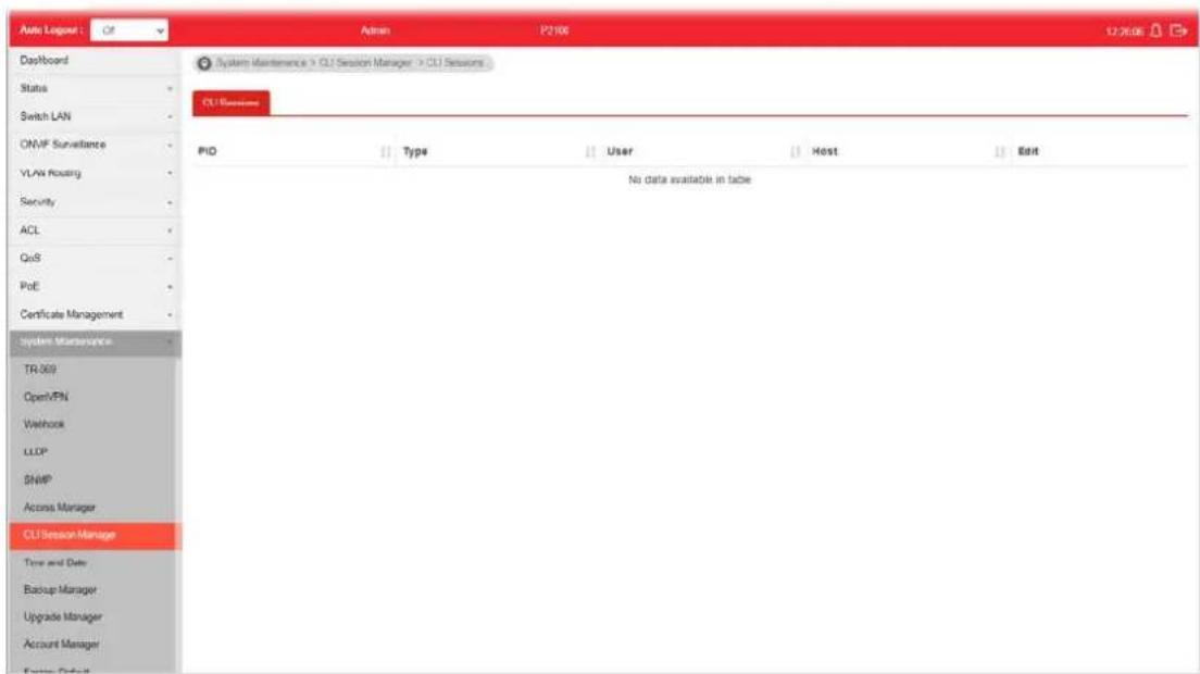 Auto Layout CIF Admin P2106 12:30:06 Dashboard System Maintenance > CU Session Manager > CU Sessions Status Switch LAN ONVF Surveillance VLAN Routing Security ACL QoS PoE Certificate Management system Maintenance TR-069 OpenVPN Webhook LLDP SNMP Access Manager CU1 Session Manager Time and Date Backup Manager Upgrade Manager Account Manager Output Default PID Type User Host Edit No data available in table