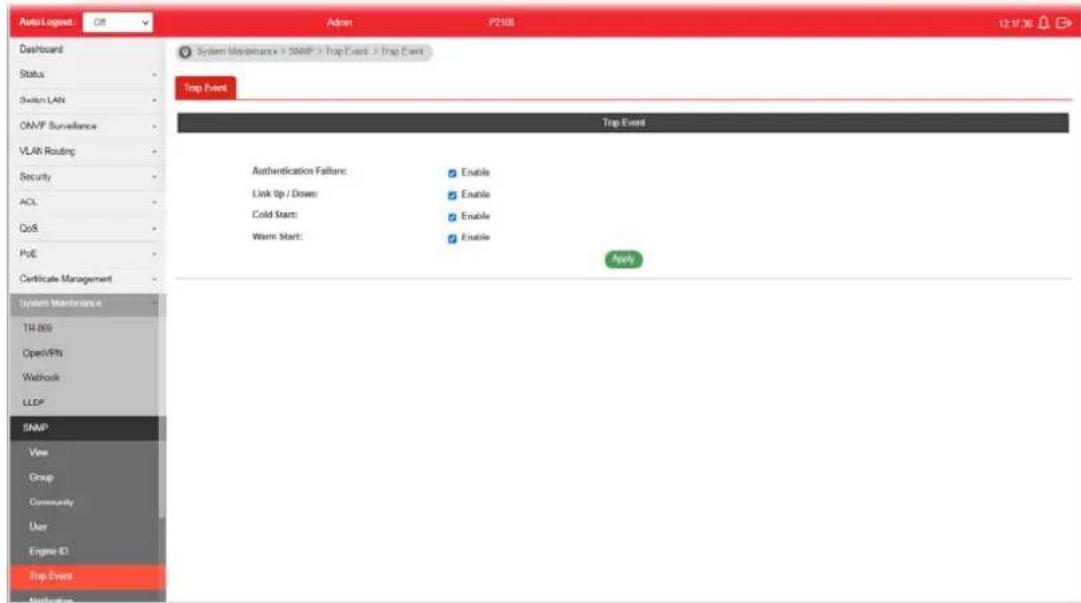 Auto Lognet: Off Adren P2106 12-17-36 Dashboard Status Switch LAN ONVP Surveillance VLAN Routing Security ACL QoS PoE Certificate Management System Maintenance TR 805 OpenVPN Webhook LLDP SNMP View Group Community User Engine ID Trap Event Modification System Maintenance > SNMP > Trap Event > Trap Event Trap Event Trap Event Authentication Failure: Enable Link Up / Down: Enable Cold Start: Enable Warm Start: Enable Apply