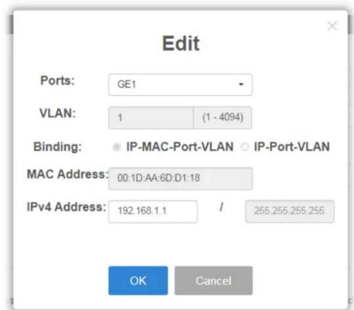 Edit Ports: GE1 VLAN: 1 (1 - 4094) Binding: IP-MAC-Port-VLAN IP-Port-VLAN MAC Address: 00:1D:AA:6D:D1:18 IPv4 Address: 192.168.1.1 / 255.255.255.255 OK Cancel