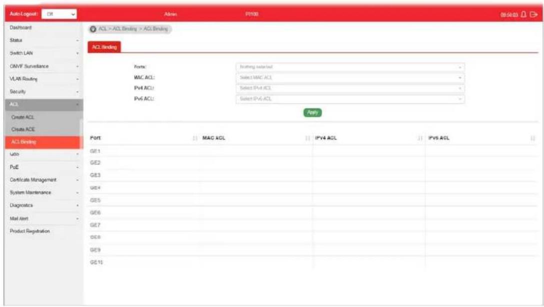 Auto-Logout: CIR Dashboard Status Switch LAN ONVF Surveillance VLAN Routing Security ACL Create ACL Create ACE ACL Binding ACL > ACL Ending > ACL Binding ACL Binding Ports: MAC ACL: Pvt4 ACL: Pvt6 ACL: Training selected Select MAC ACL Select IPv4 ACL Select IPv6 ACL Apply Port MAC ACL IPV4 ACL IPVs ACL GE1 GE2 GE3 GE4 GE5 GE6 GE7 GE8 GE9 GE10