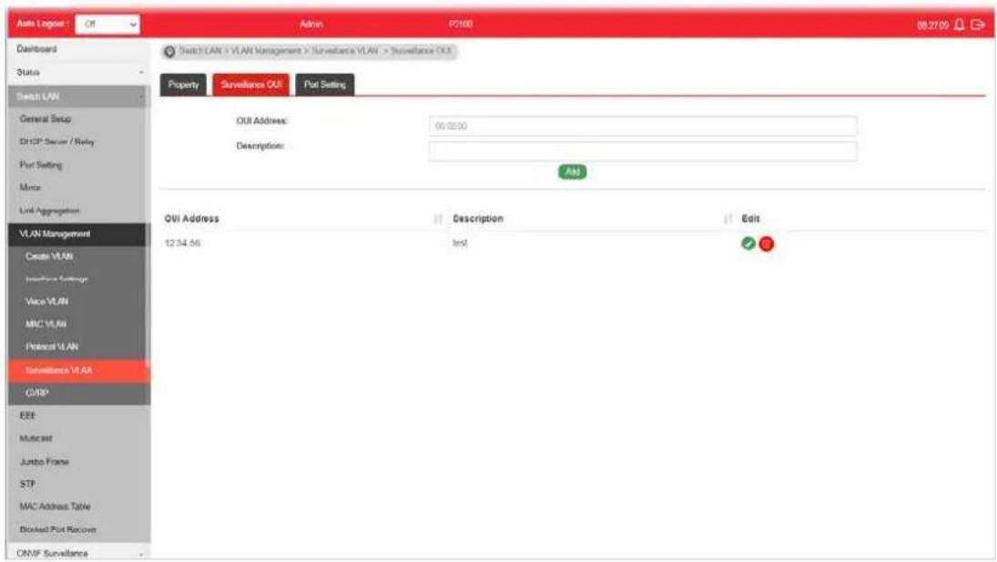 Auto Logout Admin P2100 08.27.05 Dashboard Switch LAN > VLAN Management > Surveillance VLAN > Surveillance OUI Status Property Surveillance OUI Port Setting General Setup DHSP Server / Relay Port Setting Minor List Aggregation VLAN Management Create VLAN Insurance Settings Vacc VLAN MAC VLAN Protect VLAN Surveillance VLAN GIRIP EEE Multicast Jumbo Frame STP MAC Address Table Blocked Port Recovery ONVP Surveillance Switch LAN > VLAN Management > Surveillance VLAN > Surveillance OUI OUI Address: 00:00:00 Description: Add OUI Address Description Edit 12:34:56 Inst Edit