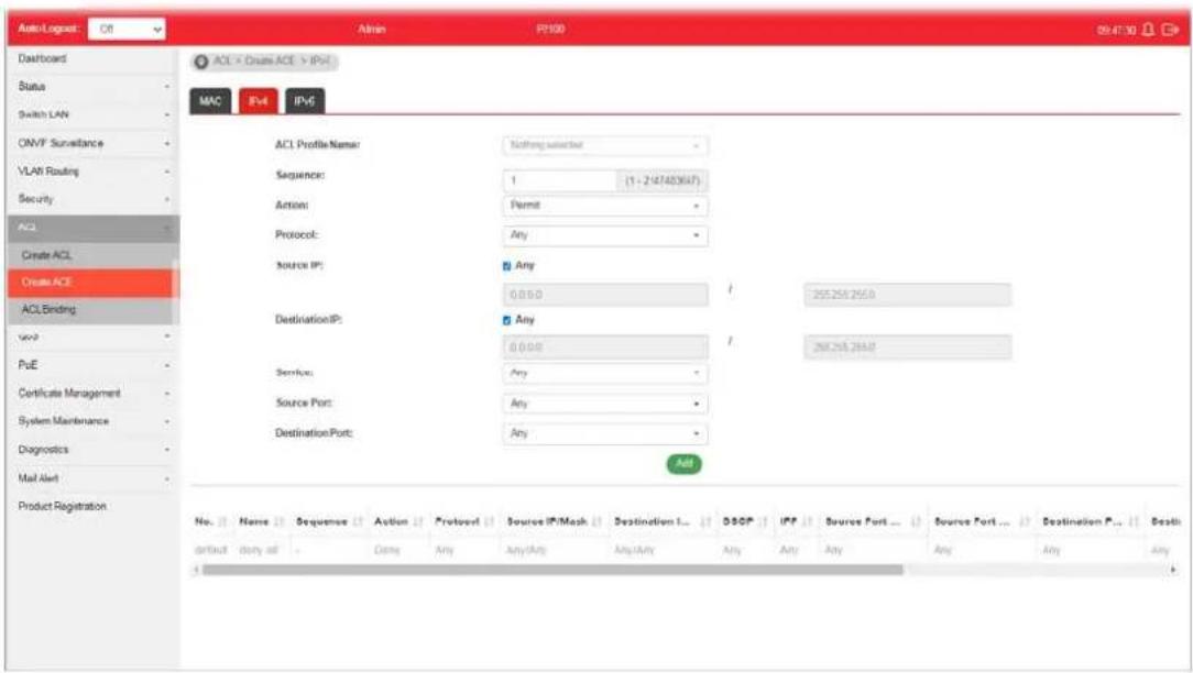 AutoLogost ACL > Create ACE > IPv4 MAC IPv4 IPv5 ACL Create ACL Create ACE ACLBinding PvE Certificate Management System Maintenance Diagnostics Mail Alert Product Registration No. Name Sequence Action Protocol Source IP\Mask Destination L... DSGP IPP Source Port ... Source Port ... Destination P... Death default daily ad Cancel Any AnyAny AnyAny Any Any Any Any Any Any Any