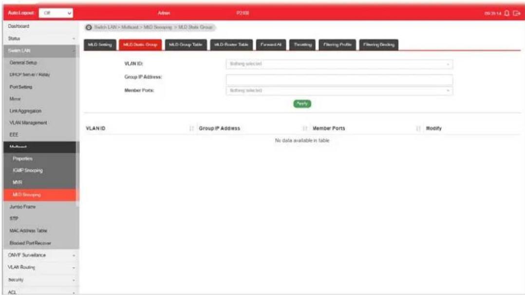 Auto Layout Off Address P2108 Switch LAN > Multicast > MLD Shipping > MLD State Group MLD Setting MLD State Group MLD Group Table MLD Router Table Forward AI Treating Filtering Profile Filtering Dending VLAN ID: Setting selected Group IP Address: Member Ports: Setting selected ***Very VLAN ID Group IP Address Member Ports Modify No data available in table MLD Setting General Setup DHCP Server / Relay Port Setting Mirror Link Aggregation VLAN Management EEE Multi-Box Properties ICdIP Snogpng MTR MLD Snogpng Jumbo Frame STP MAC Address Table Blocked Port Recover CAVP Surveillance VLAIR Routing Security ACL