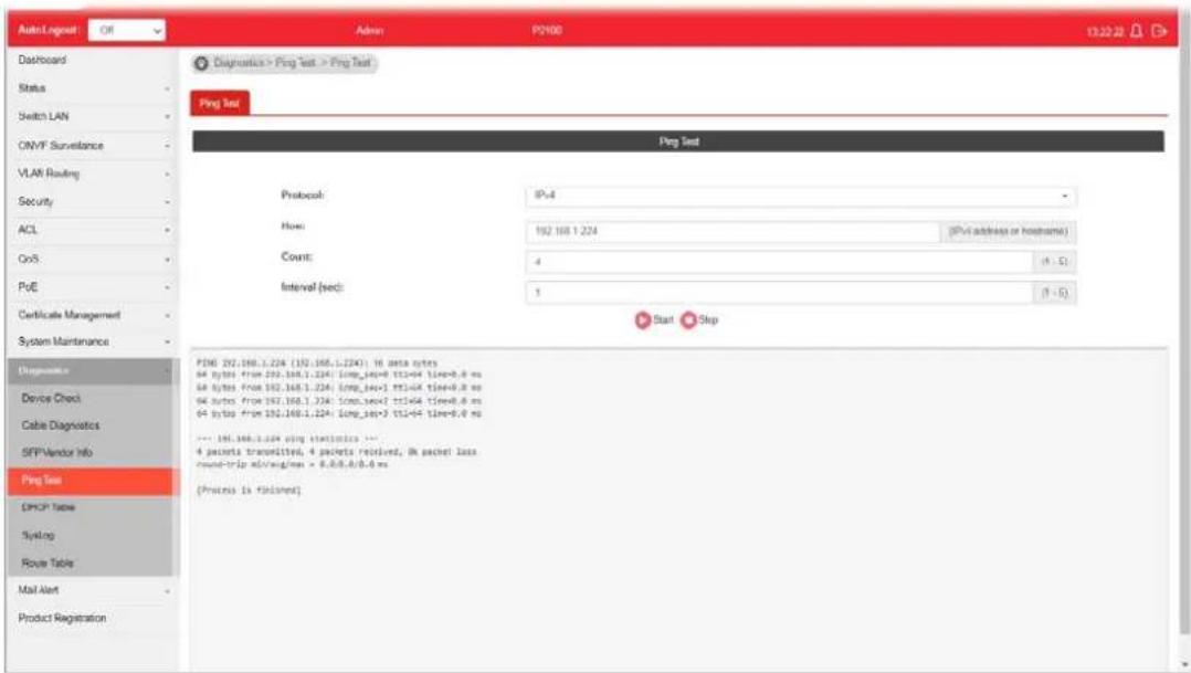 Auto Logout Dashboard Status Switch LAN ONVF Surveillance VLAN Routing Security ACL OnS PoE Certificate Management System Maintenance Diagnosis Device Check Cable Diagnostics SFP Vendor Info Ping Test OPCP Table Routing Route Table Mail Alert Product Registration Advers: P200 Diagnostics > Ping Test > Ping Test Ping Test Ping Test Protocol: IPv4 How: 192.168.1.224 (PV) address or hostname) Count: 4 (1 - 5) Interval (sec): 1 Start Stop P200 192.168.1.224 (192.168.1.224): 16 data bytes 64 bytes from 192.168.1.224 (199_168+3 TIS+4 time=0.0 ms) 64 bytes from 192.168.1.224 (199_168+3 TIS+4 time=0.0 ms) 64 bytes from 192.168.1.224 (199_168+3 TIS+4 time=0.0 ms) 64 bytes from 192.168.1.224 (198_168+3 TIS+4 time=0.0 ms) --- 196.168.1.224 ping statistics --- 4 packets transmitted, 4 packets received, 0k packet loss round-trip xds/wg/min = 0.0/0.0/0.0 ms (Process is followed)