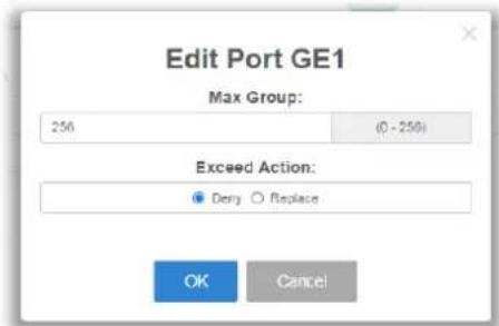 Edit Port GE1 Max Group: 250 (0 - 250) Exceed Action: ● Dery ○ Replace OK Cancel