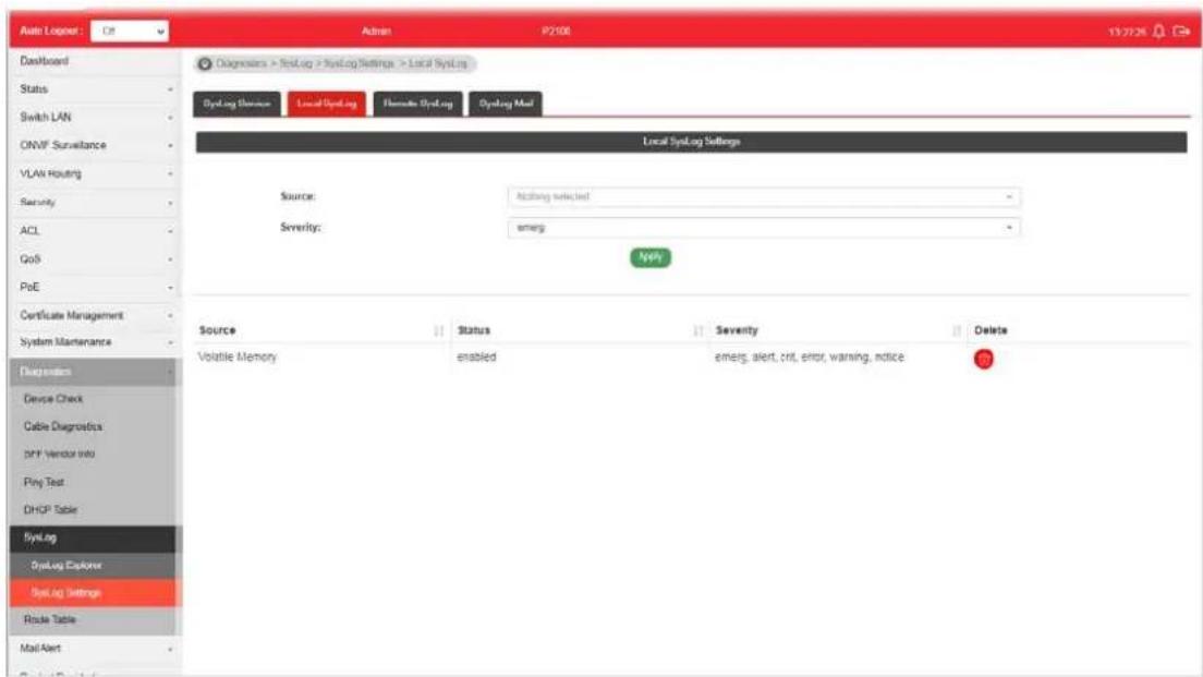 Auto Logger C# Admin P2108 137226 Dashboard Diagnosis > SysLog > SysLog Settings > Local SysLog SysLog Services Local SysLog Remote SysLog SysLog Mail Local SysLog Settings Source: Setting selected Severity: emerg Apply Source Status Severity Delete Volatile Memory enabled emerg, alert, crit, error, warning, notice SysLog Explorer SysLog Settings Route Table Mail Alert