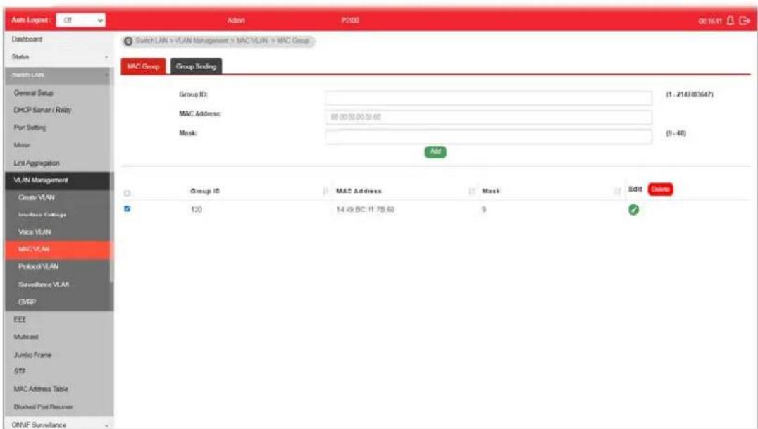 Auto Lognet Ctrl Admin P2000 08/16/11 Switch LAN > VLAN Management > MAC VLAN > MVC Group MNC Group Group Binding Group ID: MAC Address: 00:00:00:00:00 Mask: (1 - 2147853647) (1 - 48) Add Group ID MAC Address Mask Edit Delete 120 14.49.6C:11.7B.6D 9 EEE Multiscale Jumbo Frame STF MAC Address Table Blocked Port Reservoir OMNF Surveillance
