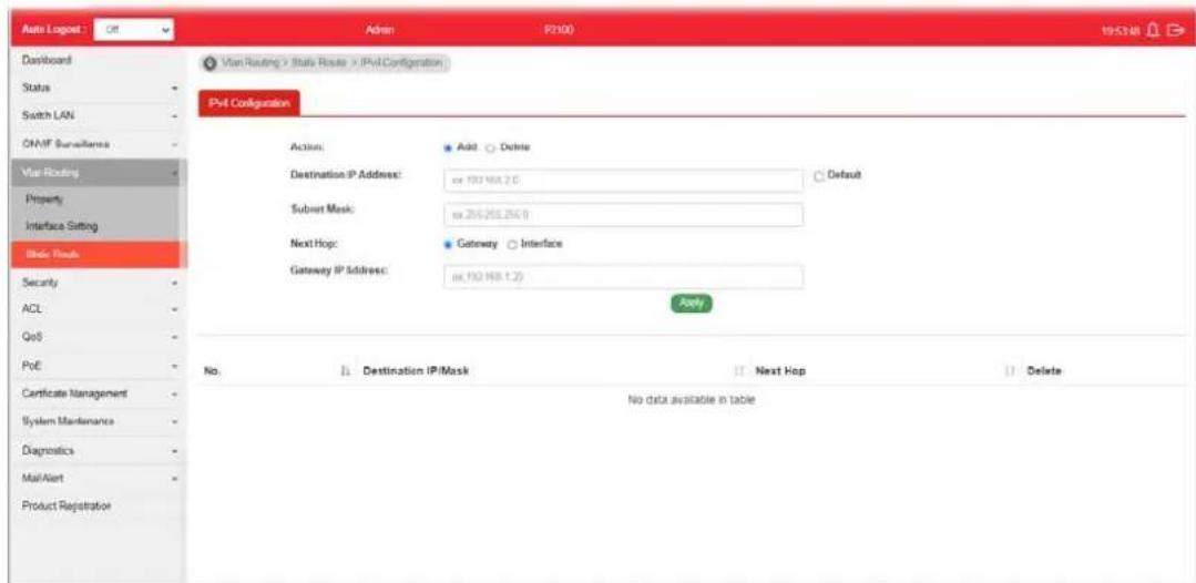 Auto Logost : Off Admin P2100 195348 Dashboard Status Switch LAN ON/IF Burcelleres Vit+Routing Property Interface Setting Static Results Security ACL QoS PoE Certificate Management System Maintenance Diagnostics Mail Alert Product Registration Vit+Routing > State Route > IPvConfiguration IPv4 Configuration Action: Add Delete Destination IP Address: ex 192 168.2.0 Default Subnet Mask: ex.256.255.256.0 Next Hop: Gateway Interface Gateway IP Address: ex 192 168.1.20 Poety No Destination IP/Mask Next Hop Delete No data available in table