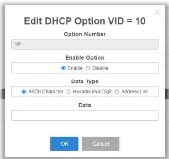Edit DHCP Option VID = 10 Option Number 66 Enable Option Enable ○ Disable Data Type ASCII Character ○ Hexadecimal Digit ○ Address List Data OK Cancel