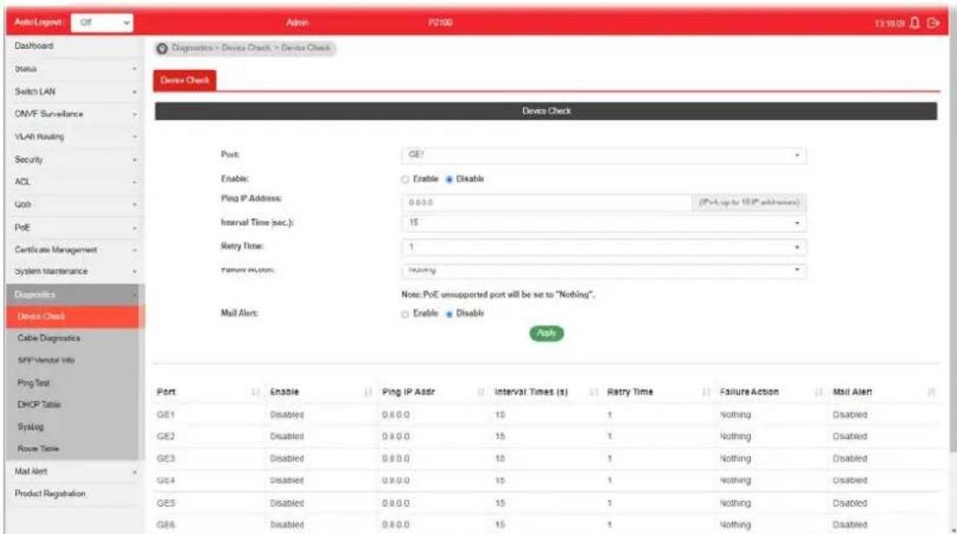 AutoLognet Off Admin P2100 13:18:09 Dashboard Diagnostics > Device Check > Device Check Status Switch LAN OM/F Surveillance VLAN Routing Security ACL GDD PoE Certificate Management System Maintenance Diagnosis Device Check Cable Diagnostics SFP Vendor Info Ping Test DHCP Table Syslog Route Table Mail Alert Product Registration Port Enable Ping IP Addr Interval Times (s) Retry Time Failure Action Mail Alert GE1 Disabled 0.0 0.0 15 1 Nothing Disabled GE2 Disabled 0.0 0.0 15 1 Nothing Disabled GE3 Disabled 0.0 0.0 15 1 Nothing Disabled GE4 Disabled 0.0 0.0 15 1 Nothing Disabled GE5 Disabled 0.0 0.0 15 1 Nothing Disabled GE6 Disabled 0.0 0.0 15 1 Nothing Disabled