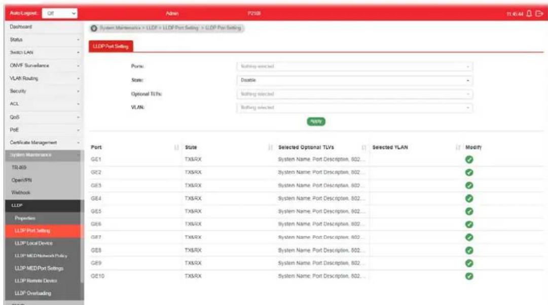 Auto Logpost: Off Admin P2168 11:45:44 Dashboard Status Switch LAN ONVF Surveillance VLAN Routing Security ACL GoS PoE Certificate Management System Maintenance TR-869 Open/PN Network LLDP Properties LLDP Port Setting LLDP Local Device LLDP MED Network Policy LLDP MED Port Settings LLDP Remote Device LLDP Overloading GE1 GE2 GE3 GE4 GE5 GE6 GE7 GE8 GE9 GE10 System Maintenance > LLDP > LLDP Port Setting > LLDP Port Setting Port: State: Selected Optional TLVs: Selected VLAN: Modify Battery Battery selected: Disable: Battery selected: Battery selected: System Name: Port Description, 802 ... System Name: Port Description, 802 ... System Name: Port Description, 802 ... System Name: Port Description, 802 ... System Name: Port Description, 802 ... System Name: Port Description, 802 ... System Name: Port Description, 802 ... System Name: Port Description, 802 ...