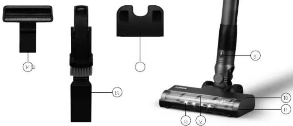 Technical diagram of a vacuum cleaner with numbered parts labeled 1 to 16