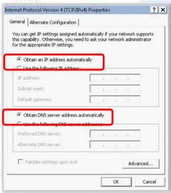 Internet Protocol Version 4 (TCP/IPv4) Properties General | Alternate Configuration | You can get IP settings assigned automatically if your network supports this capability. Otherwise, you need to ask your network administrator for the appropriate IP settings. Obtain an IP address automatically Use the following IP address: IP address: Subnet mask: Default gateway: Obtain DNS server address automatically Use the following DNS server addresses: Preferred DNS server: Alternate DNS server: Validate settings upon exit Advanced... OK Cancel