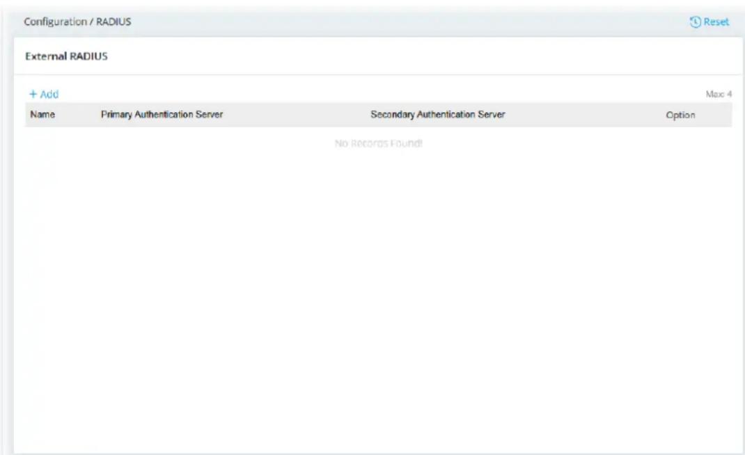 Configuration / RADIUS External RADIUS + Add Name Primary Authentication Server Secondary Authentication Server Option No Records Found!