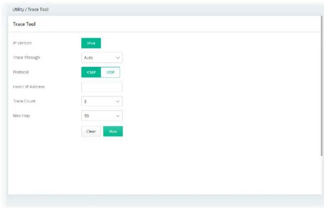Utility / Trace Tool Trace Tool IP Version IPv4 Trace Through Auto Protocol CMP UDP Host / IP Address Trace Count 3 Max Hop 30 Clear Run