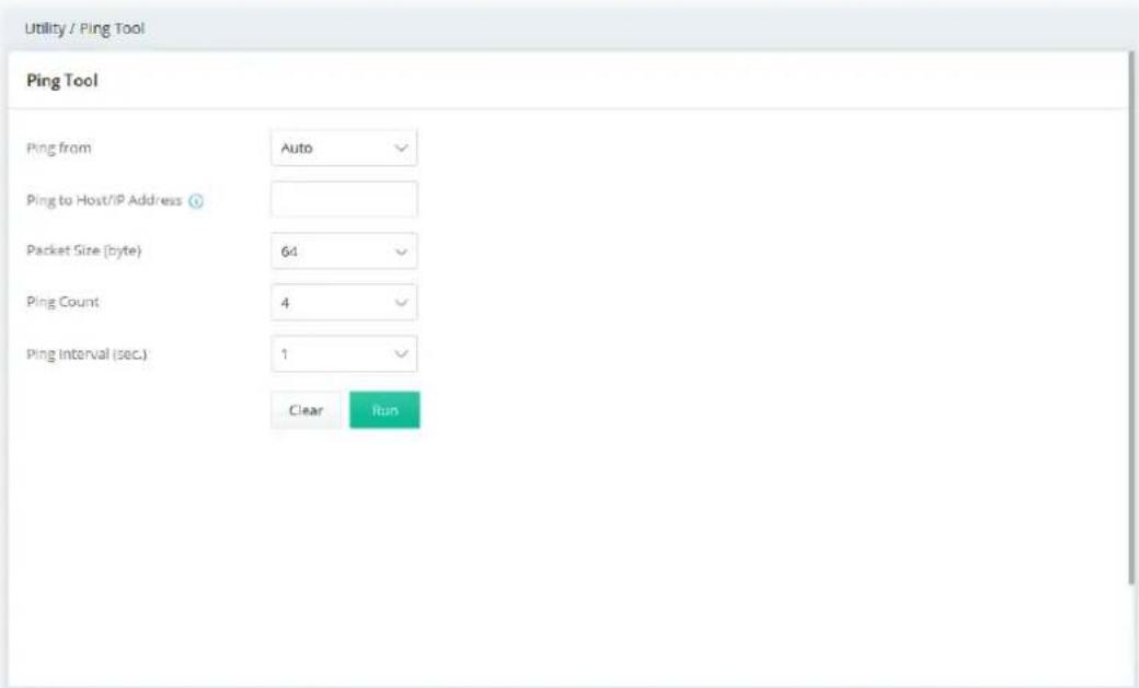 Utility / Ping Tool Ping Tool Ping from Auto Ping to Host/IP Address Packet Size (byte) 64 Ping Count 4 Ping Interval (sec.) 1 Clear Run