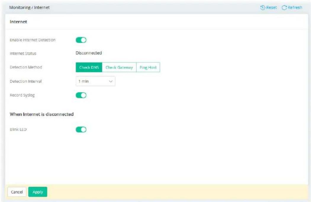 Monitoring / Internet Internet Enable Internet Detection Internet Status Disconnected Detection Method Check DNS Check Gateway Ping Host Detection Interval 1 min Record Syslog When Internet is disconnected Blink LED Cancel Apply
