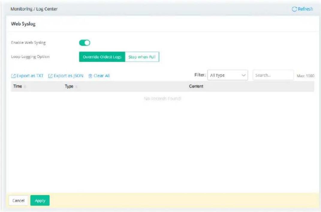 Monitoring / Log Center Refresh Web Syslog Enable Web Syslog Loop Logging Option Override Oldest Logs Stop when Full Export as TXT Export as JSON Clear All Filter: All Type Search... Max: 1000 Time Type Content No Records Found! Cancel Apply
