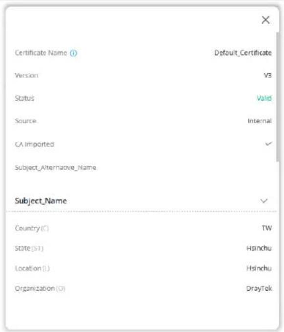 Certificate Name (I) Default_Certificate Version V3 Status Valid Source Internal CA Imported ✓ Subject_Alternative_Name Subject_Name ✓ Country (C) TW State (S1) Hsinchu Location (L) Hsinchu Organization (O) DrayTek