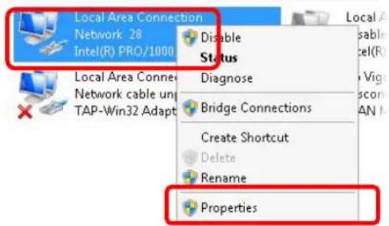 Local Area Connection Network 28 Intel(R) PRO/1000 Disable Status Diagnose Bridge Connections Create Shortcut Delete Rename Properties