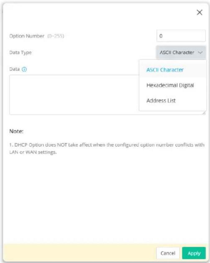 Option Number (0-255) Data Type ASCII Character Data ① ASCII Character Hexadecimal Digital Address List Note: 1. DHCP Option does NOT take affect when the configured option number conflicts with LAN or WAN settings. Cancel Apply