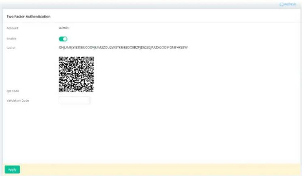 Two Factor Authentication Account admin Enable Secret GNJUMSYI53XEUCOGVJUIMZZOU2WGTKBE3DOSRZPJDE232JPAZXGODMGNBHK8SW Qilt Code Validatban Code Apply