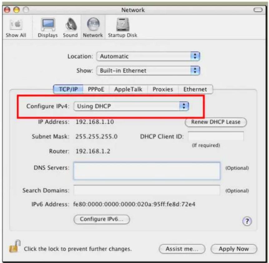 Network Show All Displays Sound Network Startup Disk Location:Automatic Show:Built-in Ethernet TCP/IP PPPoE AppleTalk Proxies Ethernet Configure IPv4:Using DHCP IP Address:192.168.1.10 Renew DHCP Lease Subnet Mask:255.255.255.0 DHCP Client ID: Router:192.168.1.2 (If required) DNS Servers: (Optional) Search Domains: (Optional) IPv6 Address:fe80:0000:0000:0000:020a:95ff:fe8d:72e4 Configure IPv6... Click the lock to prevent further changes. Assist me... Apply Now