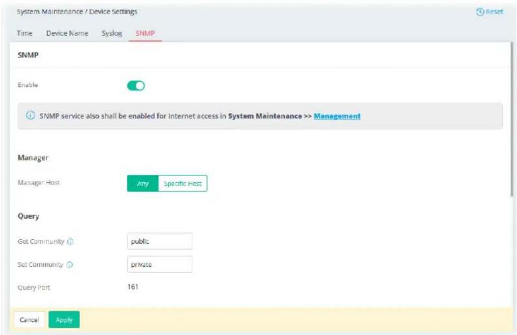 System Maintenance / Device Settings Time Device Name Syslog SNMP SNMP Enable SNMP service also shall be enabled for Internet access in System Maintenance >> Management Manager Manager Host Any Specific Host Query Get Community public Set Community private Query Port 161 Cancel Apply