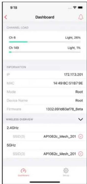 9:18 Dashboard CHANNEL LOAD Ch 6 Light, 26% Ch 149 Light, 1% INFORMATION IP 172.17.3.201 MAC 14:49:8C:51:B7:9E Mode Root Device Name Root Firmware 1332.091d83af78_Beta WIRELESS OVERVIEW 2.4GHz SSID(3) AP1062c_Mesh_201 5GHz SSID(3) AP1062c_Mesh_201 Dashboard Setup