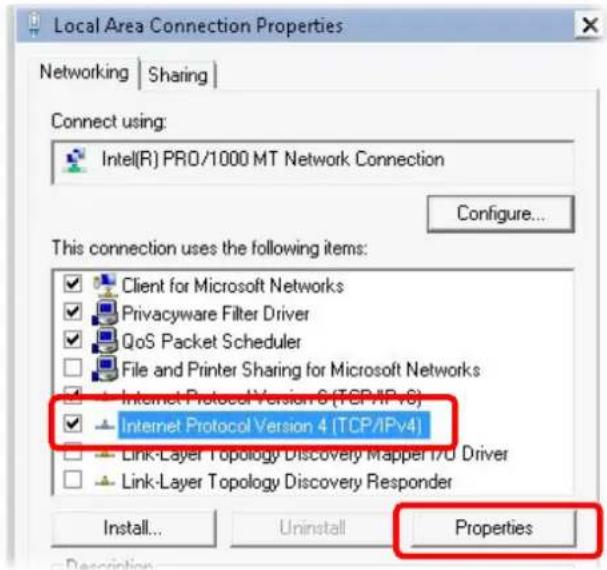 Local Area Connection Properties Networking | Sharing | Connect using: Intel(R) PRO/1000 MT Network Connection Configure... This connection uses the following items: ✓ Client for Microsoft Networks ✓ Privacyware Filter Driver ✓ QoS Packet Scheduler ☐ File and Printer Sharing for Microsoft Networks ✓ Internet Protocol Version 6 (TCP/IPV6) ✓ Internet Protocol Version 4 (TCP/IPV4) ☐ Link-Layer Topology Discovery Mapper I/O Driver ☐ Link-Layer Topology Discovery Responder Install... Uninstall Properties