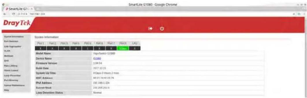 SmartLite G1080 - Google Chrome DrayTek System Information Port 1 Port 2 Port 3 Port 4 Port 5 Port 6 Port 7 Port 8 LAG X X X X 1 X X 10 Days X Model Name: Vpp/Switch G1080 Device Name: G1080 Fireware Version: 1.04.04 Build Date: 2017.12.21 Systems Up Time: 9 Days 0 Hours 2 mins MAC Address: N0:25 70/90:23.79 IPv4 Address: 197.168.1.224 Business Mask: 252.256.256.6 Loop Detection Status: Normal