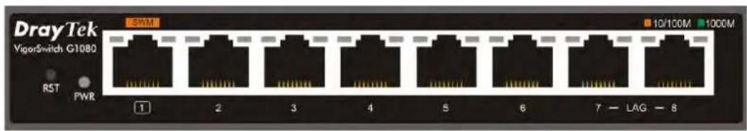 DrayTek VigorSwitch G1080 RST PWR SVM 10/100M 1000M 1 2 3 4 5 6 7 — LAG — 8