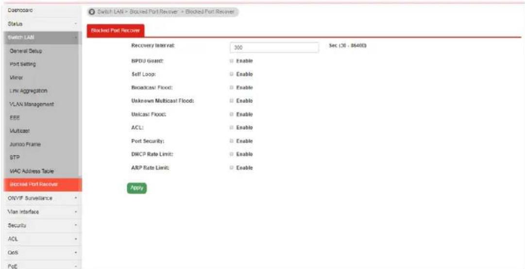 Switch LAN > Blocked Port Recover > Blocked Port Recover Blocked Port Recover Recovery Interval: 300 Sec (30 - 86400) BPDU Guard: Enable Self Loop: Enable Broadcast Flood: Enable Unknown Multicast Flood: Enable Unicast Flood: Enable ACL: Enable Port Security: Enable DHCP Rate Limit: Enable ARP Rate Limit: Enable Apply